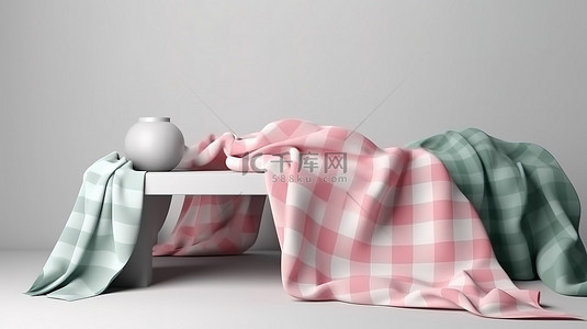 逼真的 3D 渲染设计柔和桌布模板显示在桌子上，织物渲染隔离在白色背景上