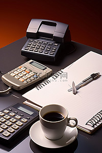 在办公室电话咖啡计算器一支笔和一本书