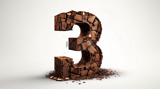 数字三由美味的巧克力块和碎片制成 3D 插图