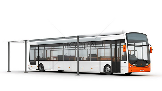 停在公交车站的白色旅游巴士的 3D 渲染，背景为空白广告牌