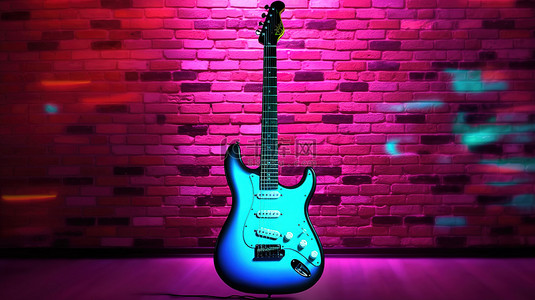 藝術節背景图片_霓虹灯点亮的电吉他靠在砖墙上的 3D 插图