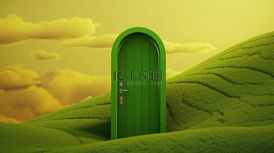 3D 渲染插图连绵起伏的绿色山丘中的一扇门