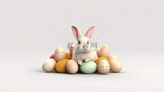 海报可爱黄色背景图片_复活节快乐 3D 兔子和鸡蛋在现实设计白色背景矢量装饰