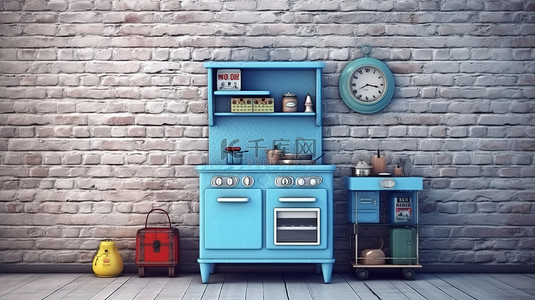 迷人的蓝色复古玩具厨房，靠着质朴的砖墙 3D 渲染