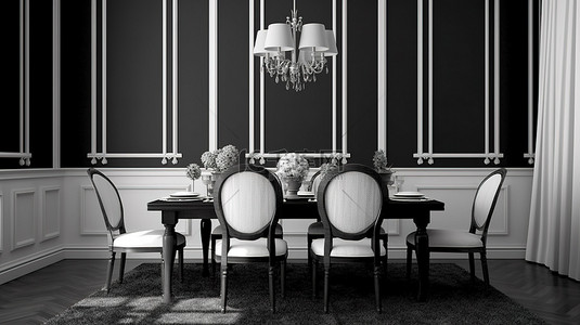 经典黑色背景图片_现代餐饮空间，具有单色色调的经典美学 3D 渲染