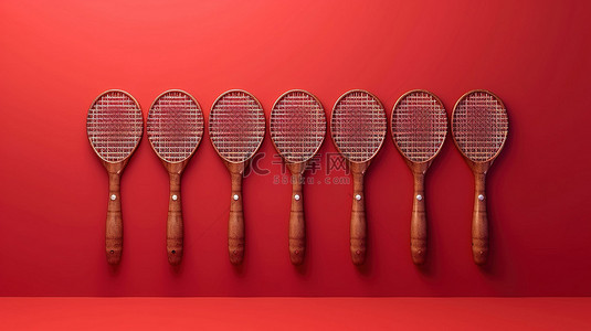 游戏商店背景背景图片_乒乓球中的团队合作 5 个球拍的 3D 插图在红色背景与空间