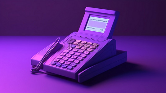终端背景图片_卡通风格的 3D 渲染支付终端，带有紫色背景的支票和信用
