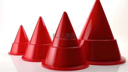 白色背景上带有反射的圆锥形红色金字塔 6 或 7 级的切片 3D 锥体