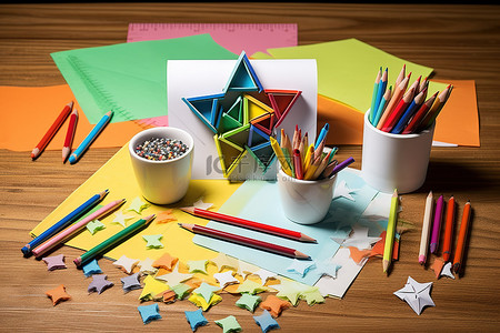 桌子上的蜡笔和纸，周围是彩色铅笔和剪刀，上面写着艺术字