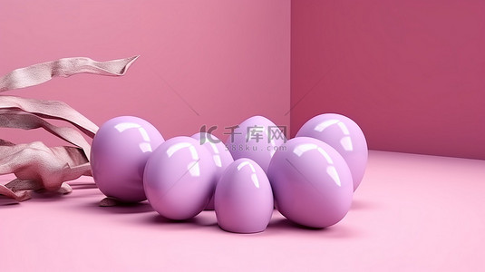 油漆纹理背景图片_粉红色桌子上紫色油漆纹理复活节彩蛋的等距 3D 渲染，附有春季四月假日卡