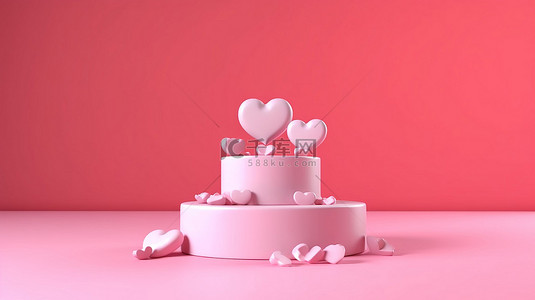 心形礼物放在一个盒子里，展示在讲台上，粉红色背景完美适合母亲节情人节和生日 3D 渲染
