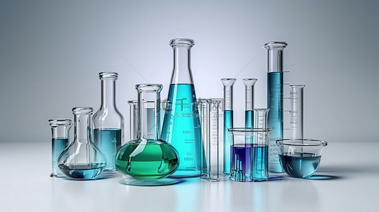 化学实验室器皿背景图片_实验室设备的真实 3D 渲染，包括玻璃管烧瓶烧杯和其他化学和医疗设备