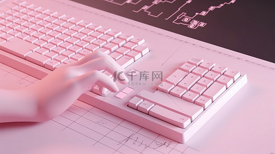 计算机的数字插图和打字手指，在柔和的粉红色背景上带有图表和图表