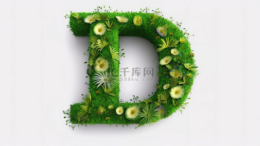 绿色植物花朵背景图片_d 形草地 郁郁葱葱的绿草和盛开的花朵的 3D 呈现