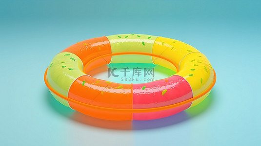 环海背景图片_充满活力的夏日乐趣 3D 渲染充气环，配有橙色柠檬和西瓜