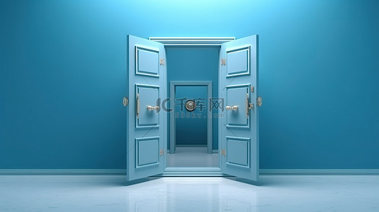 3D 渲染蓝色墙壁和打开的门高分辨率背景为您的项目