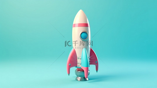 火箭卡通背景图片_亮蓝色背景上柔和彩色卡通火箭的简约 3D 渲染