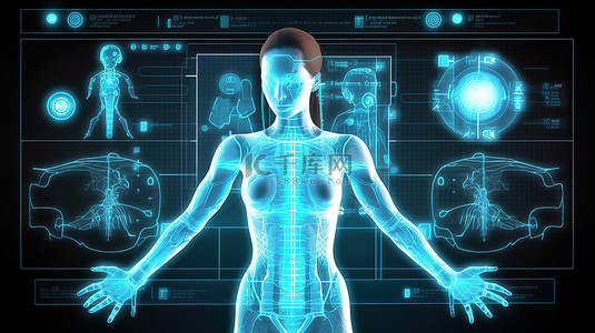 对半背景图片_医疗技术利用平视显示器或图形显示器对女性机器人或机器人进行 3D 渲染