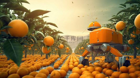 利用先进农业技术收获橙子的机器人农民的 3D 渲染
