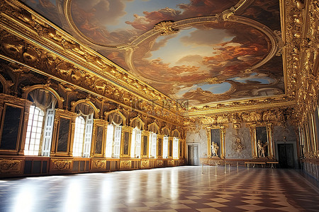 宽敞的室内装饰有金色和华丽的画作