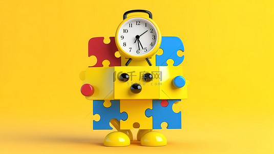 吉祥物闹钟周围的彩色拼图碎片在 3D 渲染的充满活力的黄色背景上