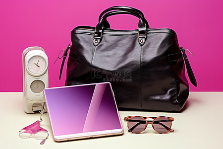 旅行粉色背景图片_两个设备放在一个带眼镜的袋子旁边