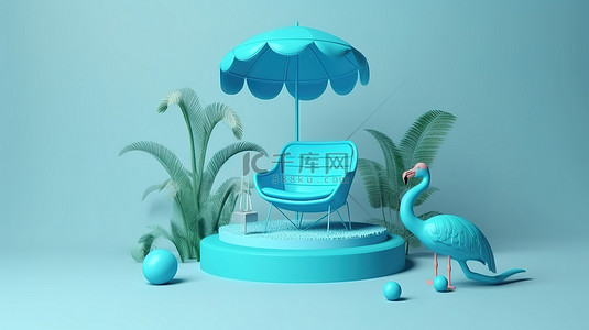 夏季产品展示背景图片_夏季产品展示蓝色讲台的 3d 渲染与沙滩椅伞鸡蛋花充气火烈鸟和游泳池