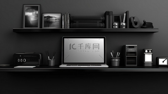 现代电子产品展示在时尚的黑色墙架上 3D 插图
