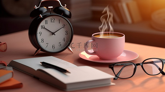 时钟笔记本和咖啡以及眼镜的 3D 渲染，非常适合学习或商务