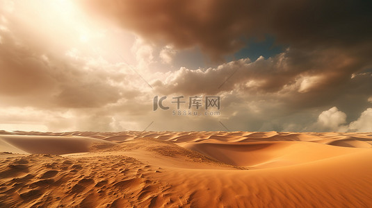 划动查看背景图片_梦幻沙漠景观的史诗沙尘暴空沙丘与戏剧性的天空和云彩 3D 插图