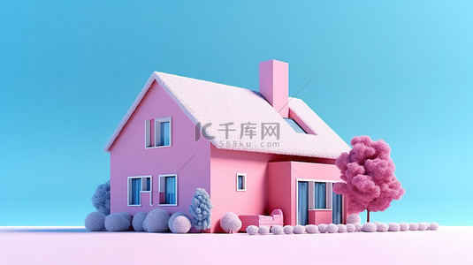 粉红小背景图片_双色调风格的当代粉红砖小屋，蓝色背景 3D 渲染
