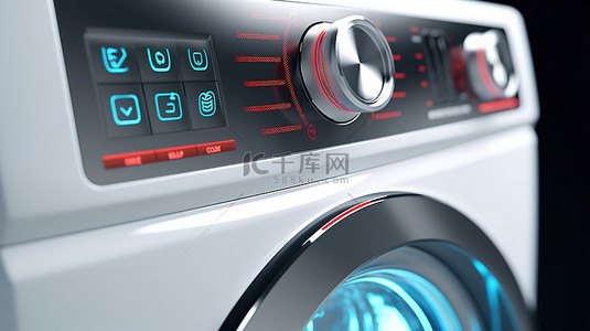 白色洗衣机的极端特写现代前面板和显示的 3D 渲染