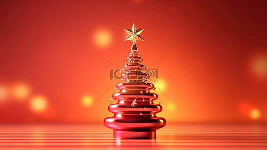 圣诞树的 3D 渲染插图，在模糊的红色背景下装饰着装饰品
