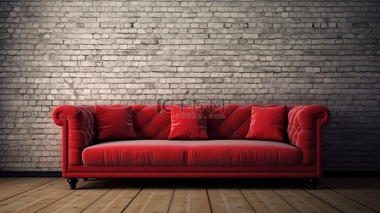 家居枕头背景图片_时尚的砖墙房，配有红色沙发和枕头，位于木地板上，以 3d 渲染