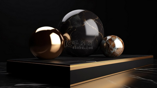 黑色 3D 讲台上奢华或俏皮的充满活力的大理石产品展示，带有金色装饰