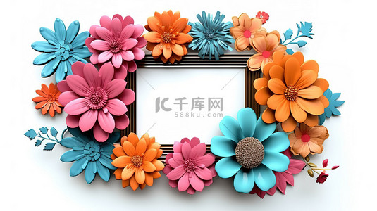 花海边框背景图片_3d 渲染中的花朵填充相框