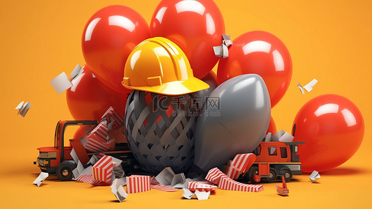 劳动节工具背景图片_使用计算机工具建筑设备和气球对美国劳动节庆祝活动进行 3D 渲染
