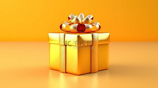 豪华礼品盒中卡通庆典的 3D 插图，黄色背景上有金丝带