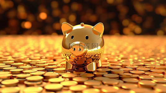 3D 黄金存钱罐和成堆硬币的背景插图，用于金融储蓄和投资