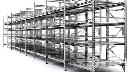 箱包货架背景图片_白色背景隔离 3d 渲染工业金属货架货架理想的仓库包装和存储数字艺术