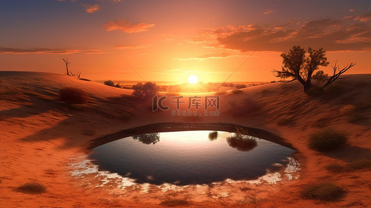 沙丘和水的风景秀丽的日落的 3D 插图