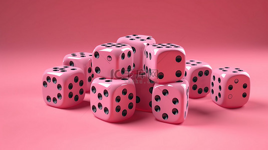 粉红色背景上隔离的 3D 插图中的 6 个骰子设计