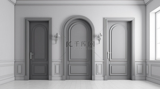 用于家庭入口的产品模型灰色门和白色墙壁 3d 渲染