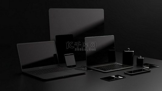 电脑和手机背景图片_笔记本电脑平板电脑和手机模型的黑色隔离 3D 渲染