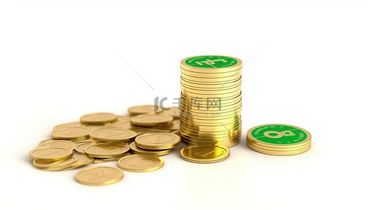3D 渲染上升的绿色箭头条和带有美元符号的金币，代表白色隔离的金融概念