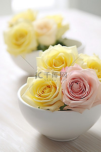 黄玫瑰放在白碗里