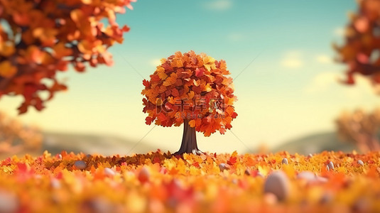 3d 渲染的卡通背景的一棵树与秋天的落叶