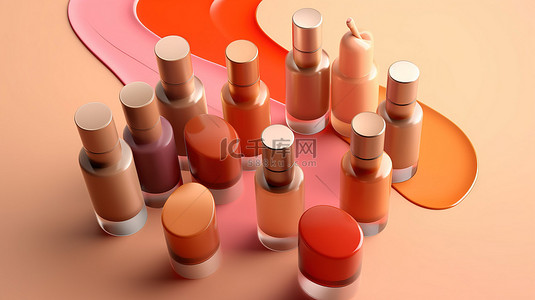 鲜艳色彩背景 3D 渲染上的各种化妆粉底和样品瓶
