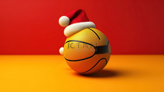 红色的篮球背景图片_3d 渲染黄色背景与戴着红色圣诞老人帽子的篮球