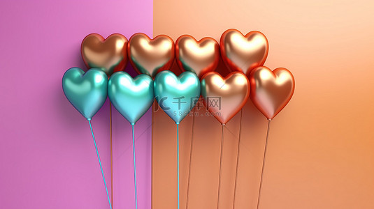 彩虹墙背景与一堆铜心形气球在 3d 渲染